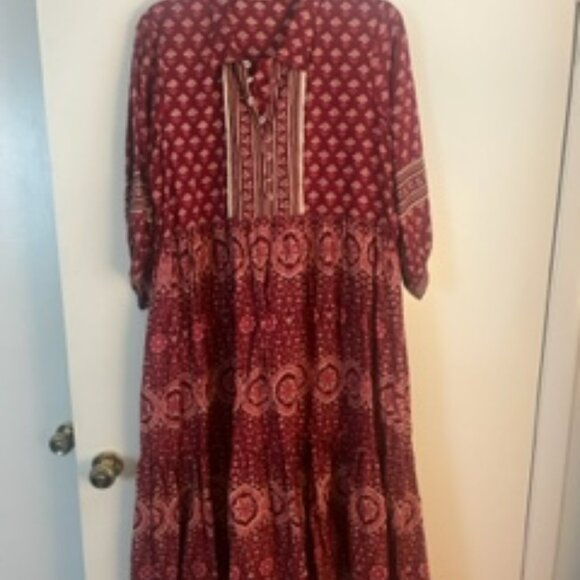 Deep Red Patterned Cotton Midi Dress with Removable Belt - Picture 3 of 4